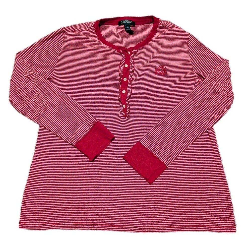 Ralph Lauren Ladies M Long Sleeve Knit Top Red White Striped Ruffle Half Button